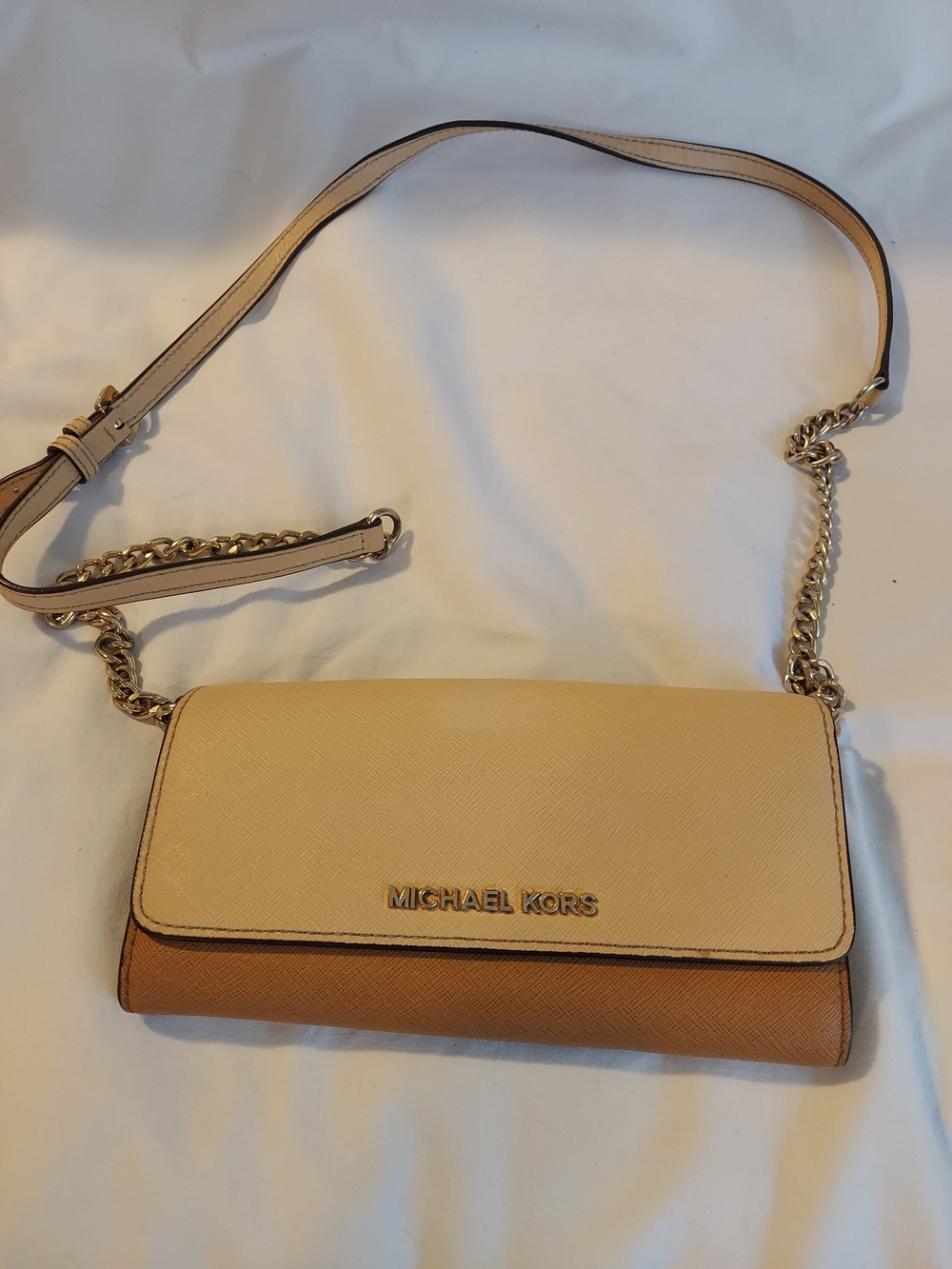 Michael Kors Saffiano Leather Continental Wallet on Chain Crossbody Bag Two-Tone